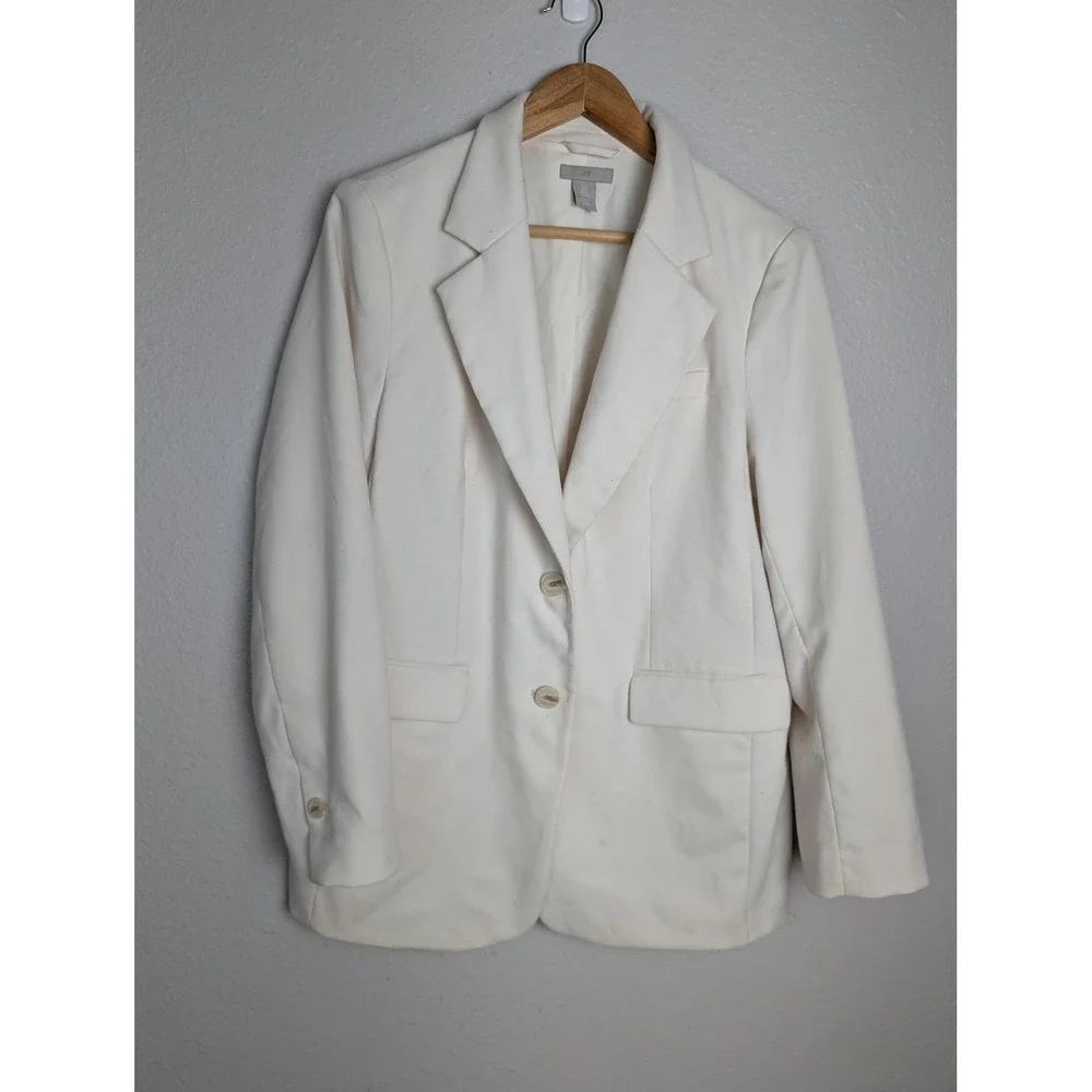 H&M Pant Suit‎ Womens M White Polyester Elastomultiester Lined Notch Lapel